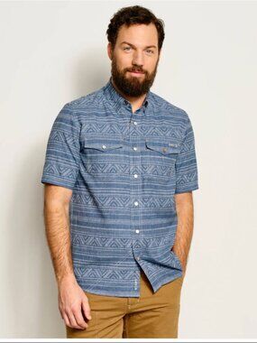 Orvis Tech Chambray Short-Sleeved Shirt Men's XL Blue Western Pearl Snap Outdoor
